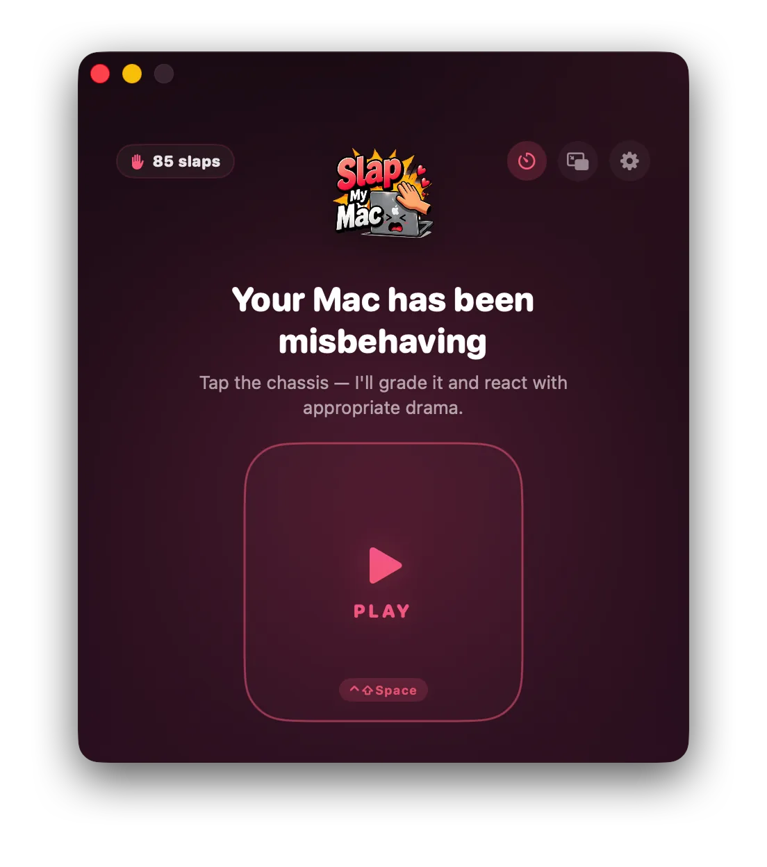 SlapMyMac main window — slap zone with hand icon, intensity meter, and counter pill